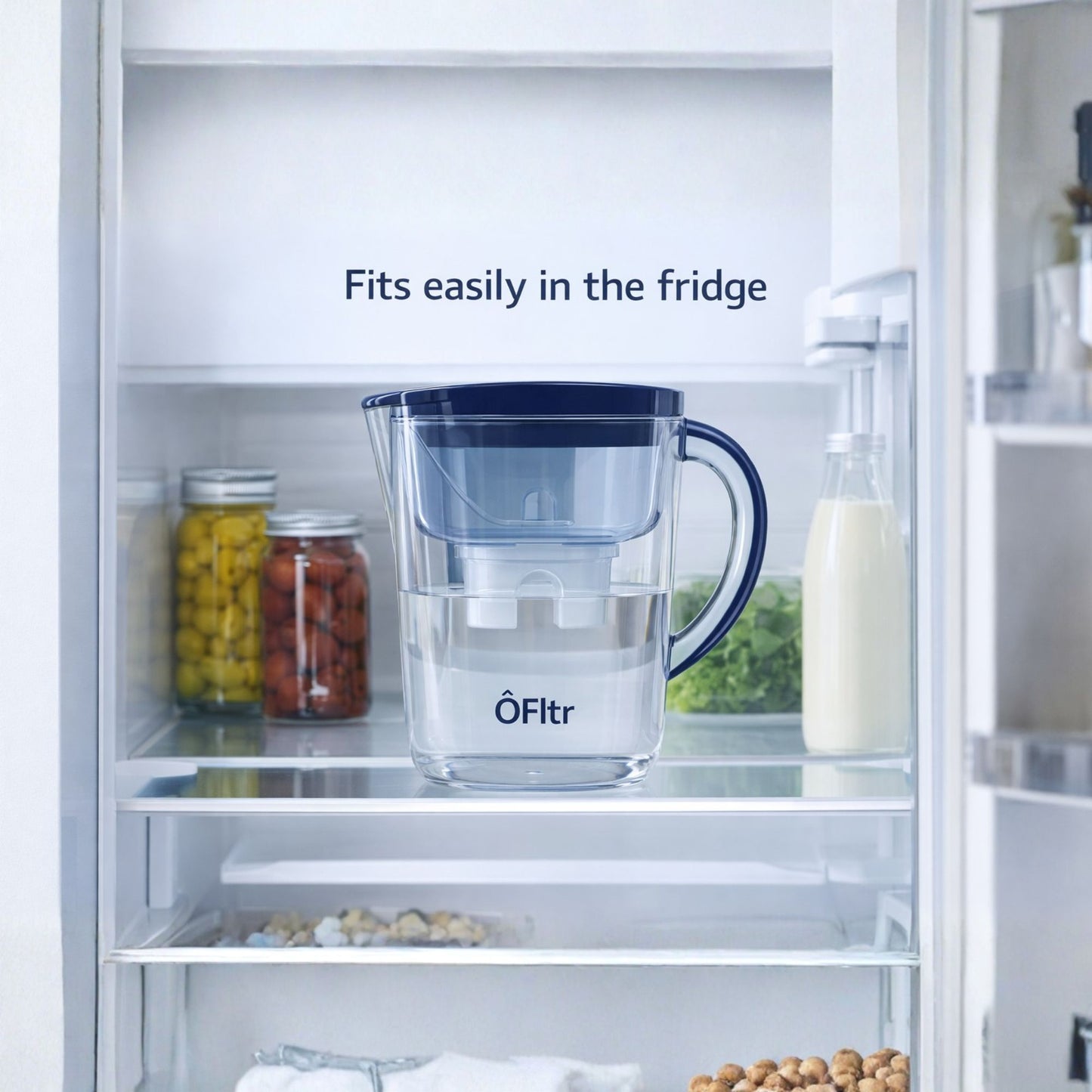 ÔFltr 3.5L water filter pitcher stored inside a refrigerator, compact and fridge-friendly design