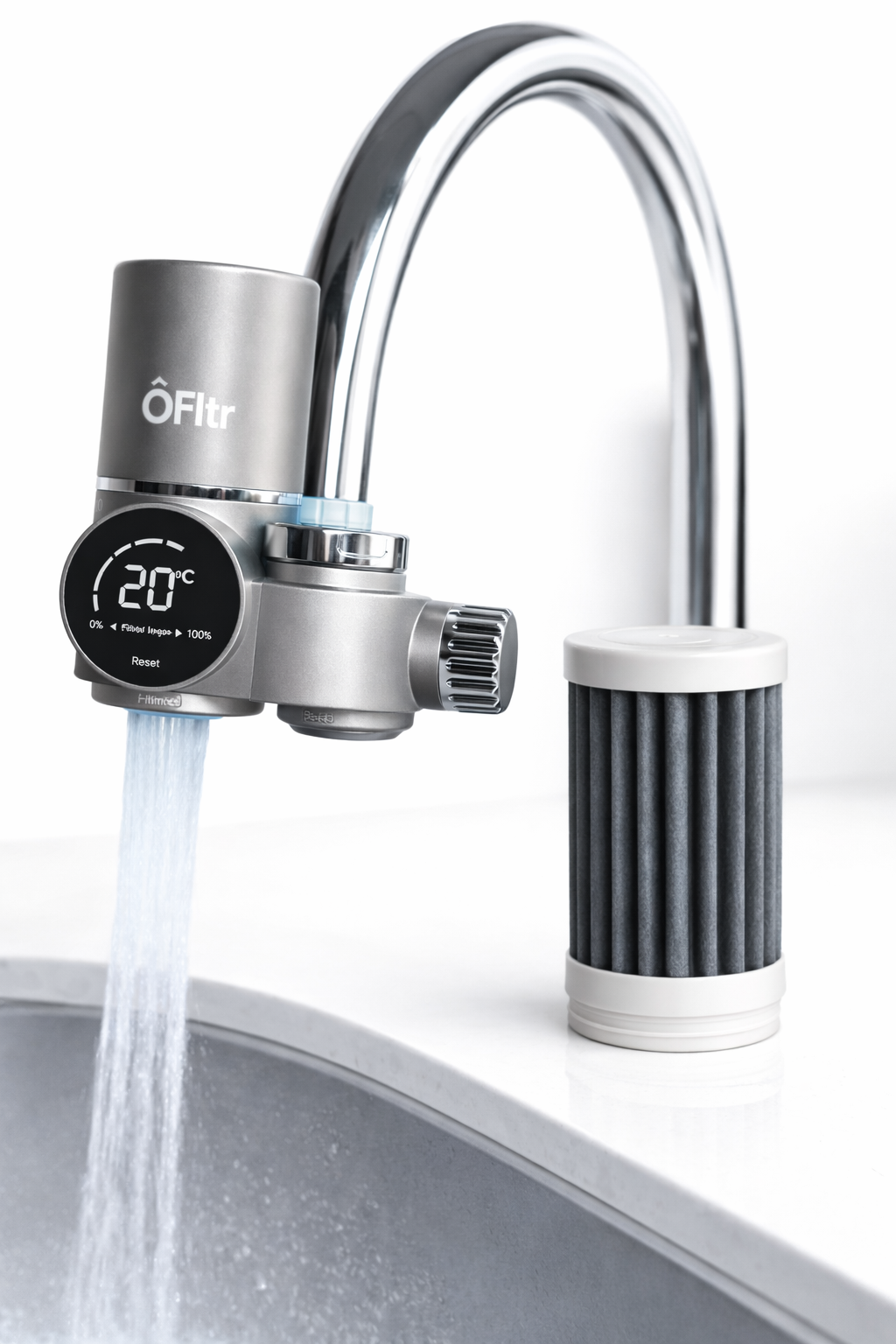 ÔFltr faucet filter providing clean filtered water for cooking and drinking