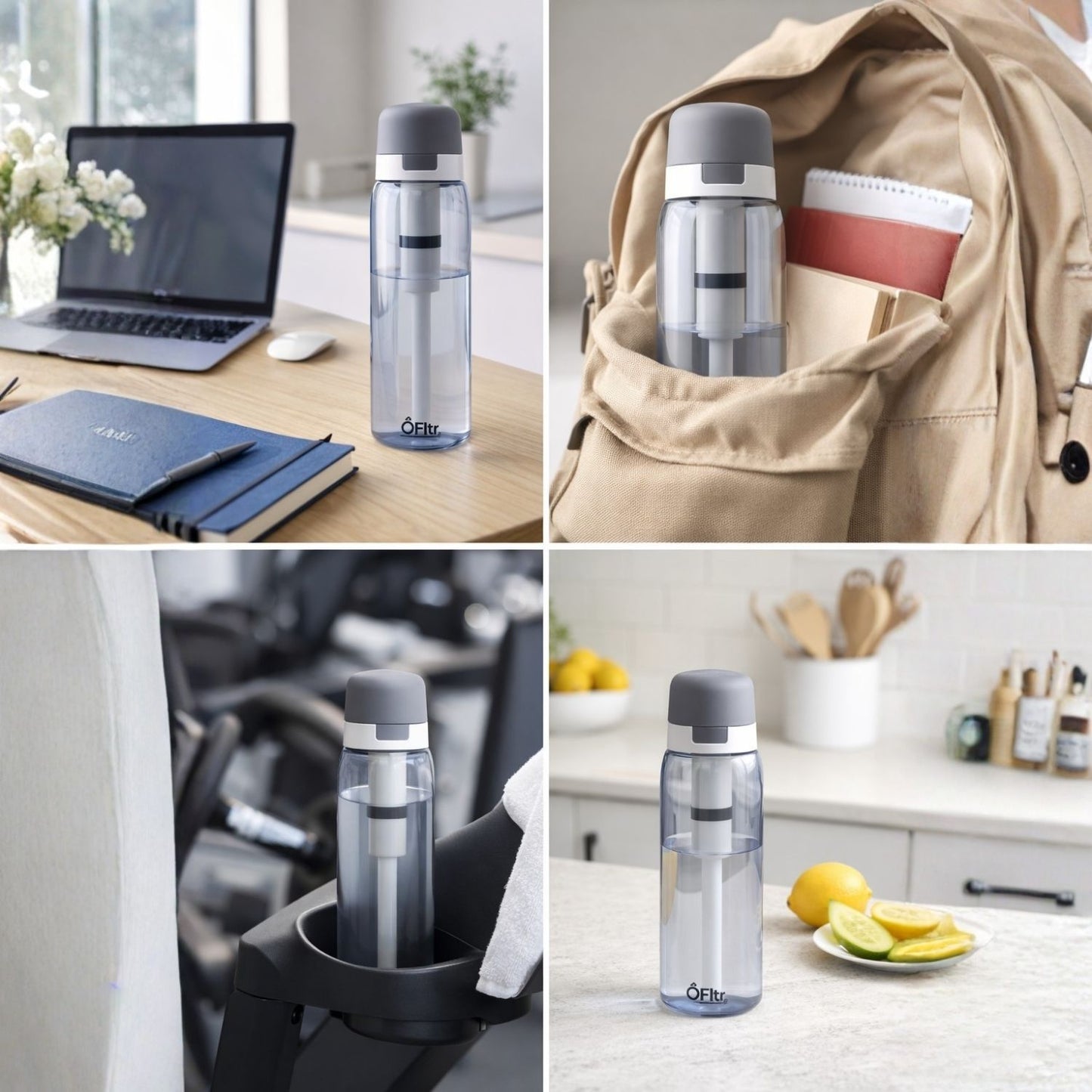 ÔFltr water filter bottle used at work, school, gym and kitchen for daily hydration