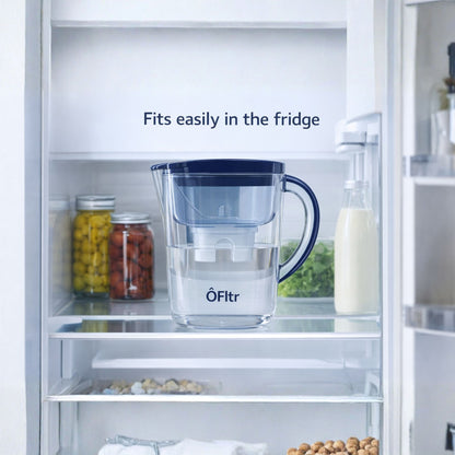 ÔFltr 3.5L water filter pitcher stored inside a refrigerator, compact and fridge-friendly design