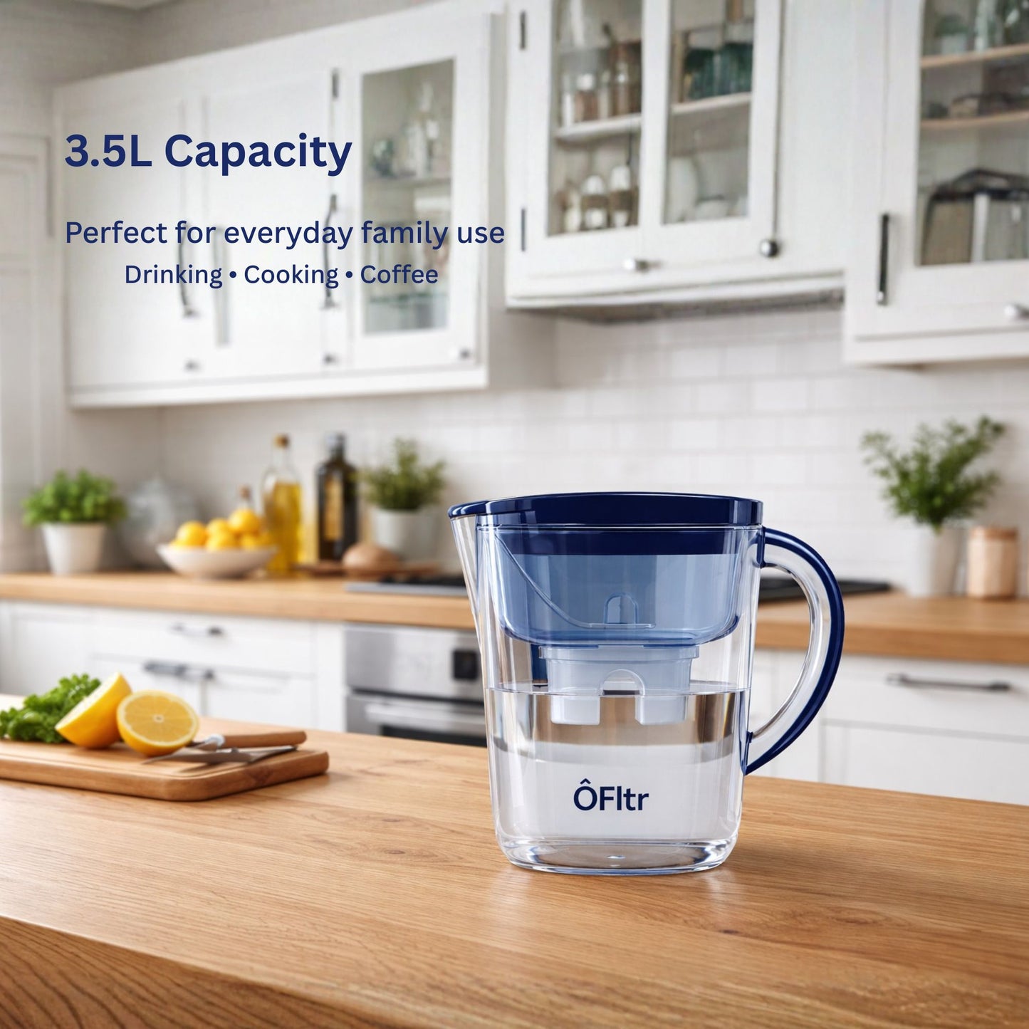 ÔFltr 3.5L water filter pitcher on a kitchen table, showing real-life daily use at home