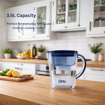ÔFltr 3.5L water filter pitcher on a kitchen table, showing real-life daily use at home