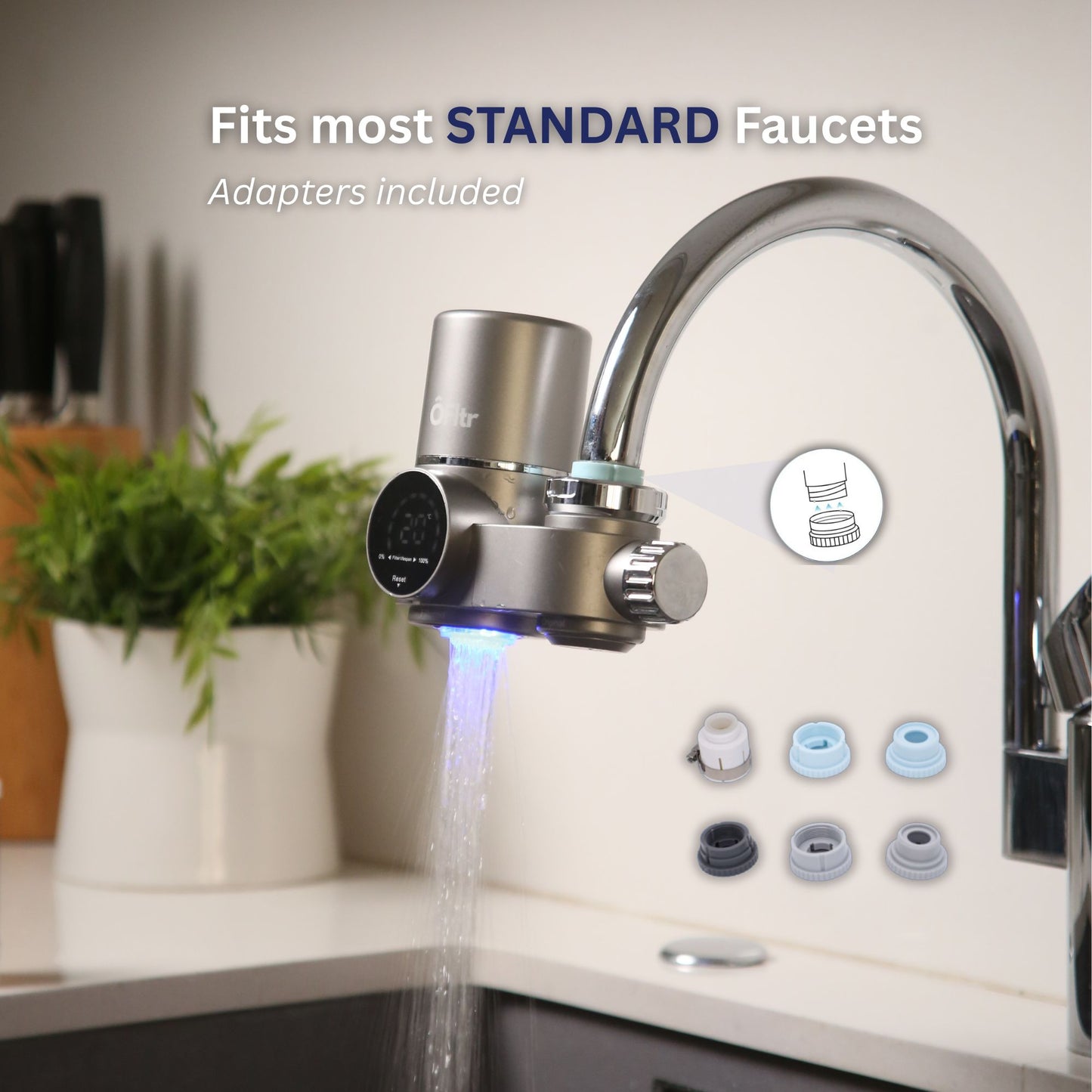 ÔFltr faucet water filter installed on a standard kitchen faucet with adapters included
