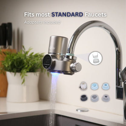 ÔFltr faucet water filter installed on a standard kitchen faucet with adapters included