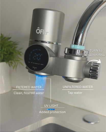 ÔFltr faucet water filter installed on a kitchen tap showing filtered and unfiltered water flow