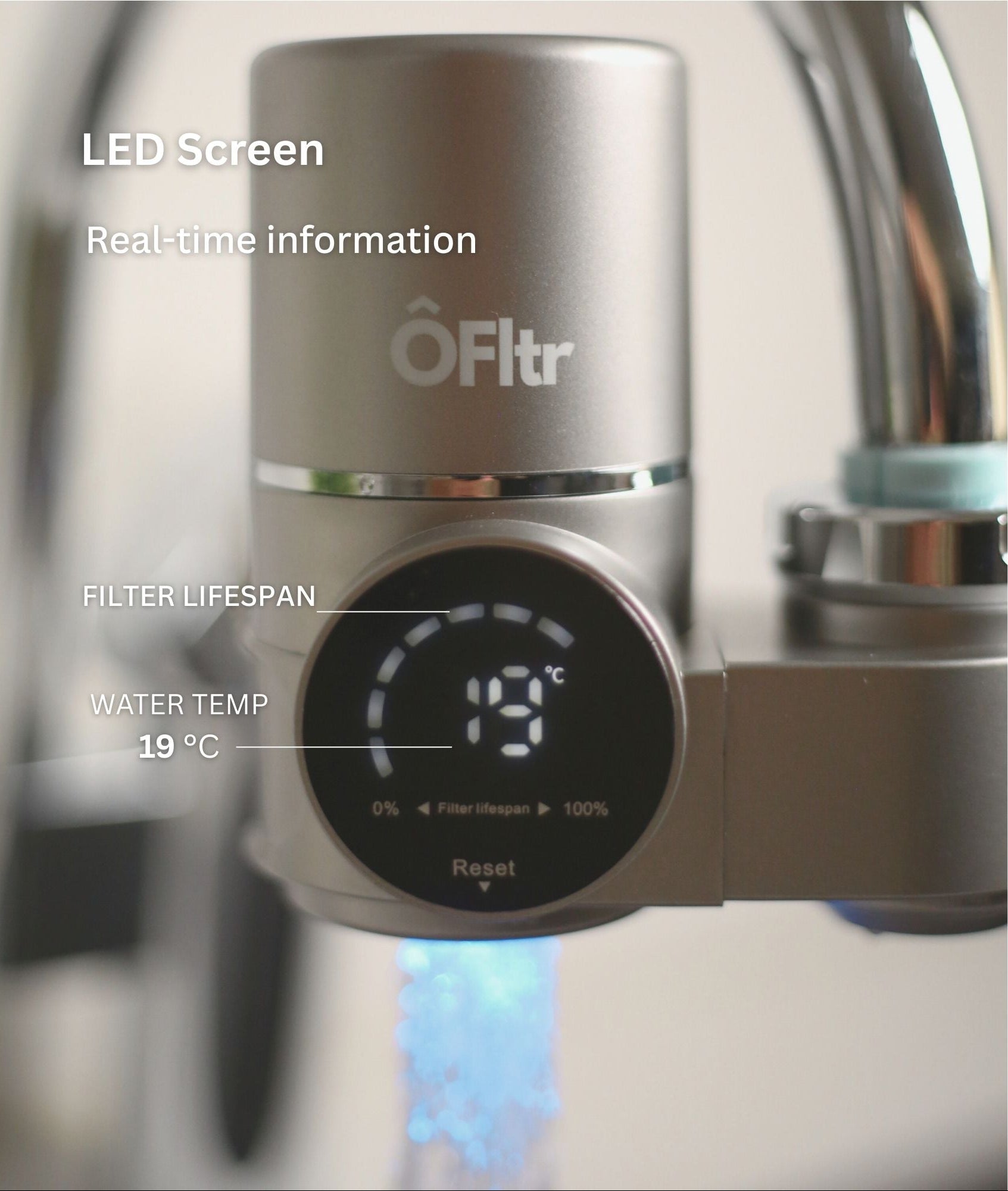 Close-up of ÔFltr faucet filter LED screen showing water temperature and filter lifespan