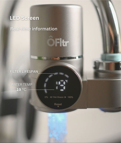 Close-up of ÔFltr faucet filter LED screen showing water temperature and filter lifespan