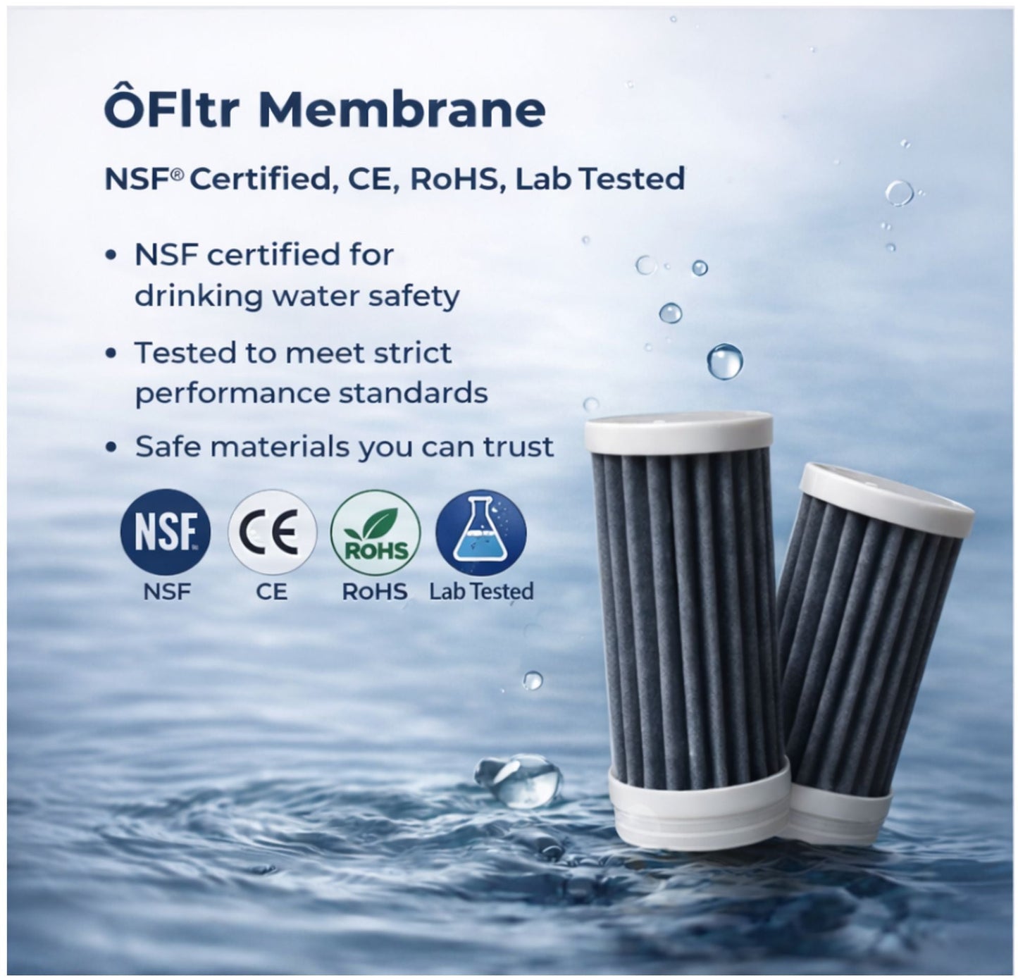 ÔFltr water filter membrane cartridges shown with CE, RoHS, lab tested and NSF certification for drinking water safety