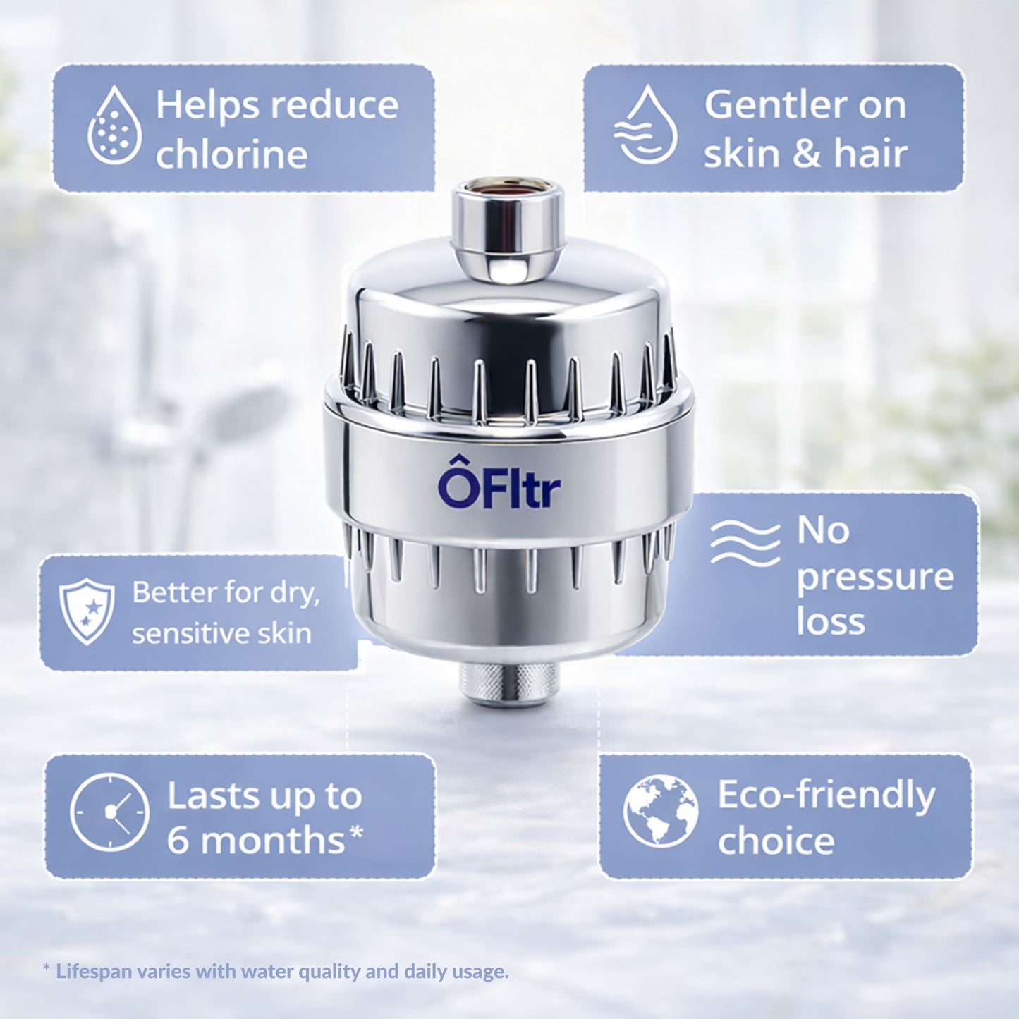 Benefits of ÔFltr shower filter including chlorine reduction, gentler water for skin and hair, and long lifespan