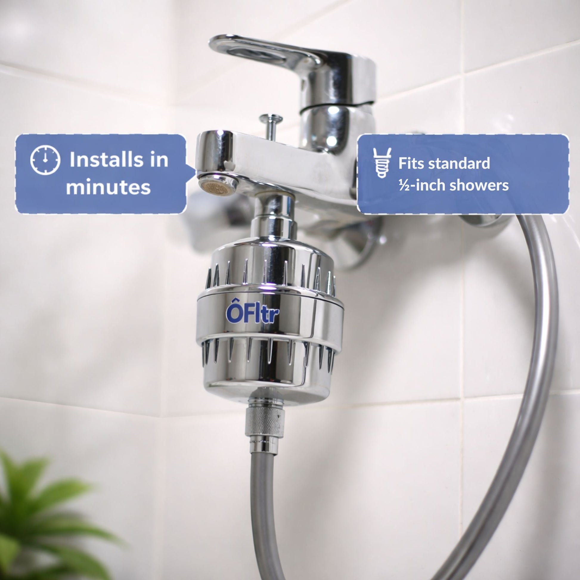 ÔFltr shower filter installed on standard 1/2 inch shower arm with no pressure loss