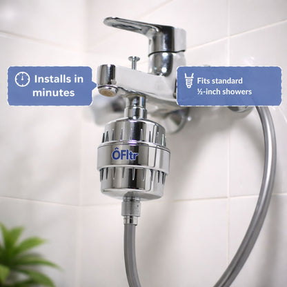 ÔFltr shower filter installed on standard 1/2 inch shower arm with no pressure loss