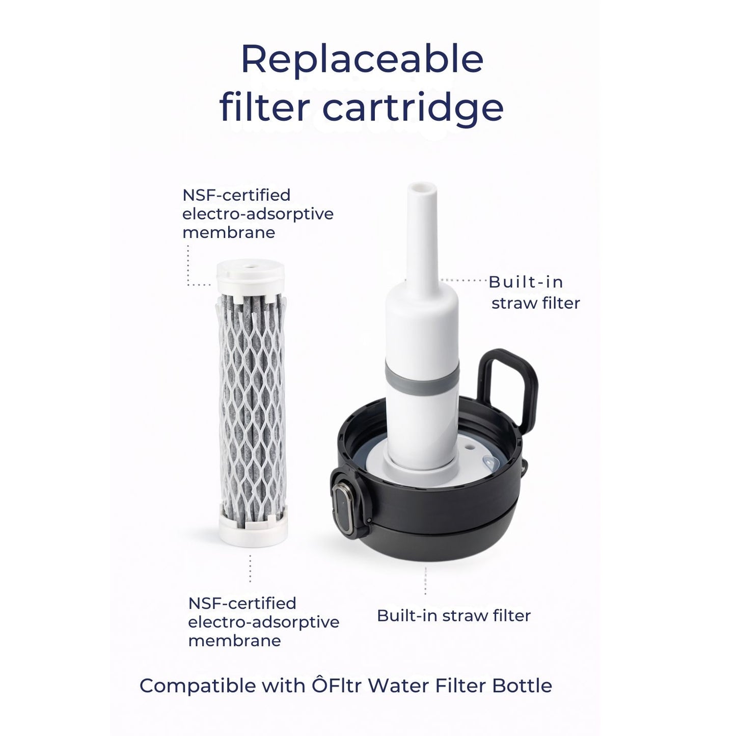 Replaceable electro-adsorptive filter cartridge and built-in straw filter inside the ÔFltr water filter bottle