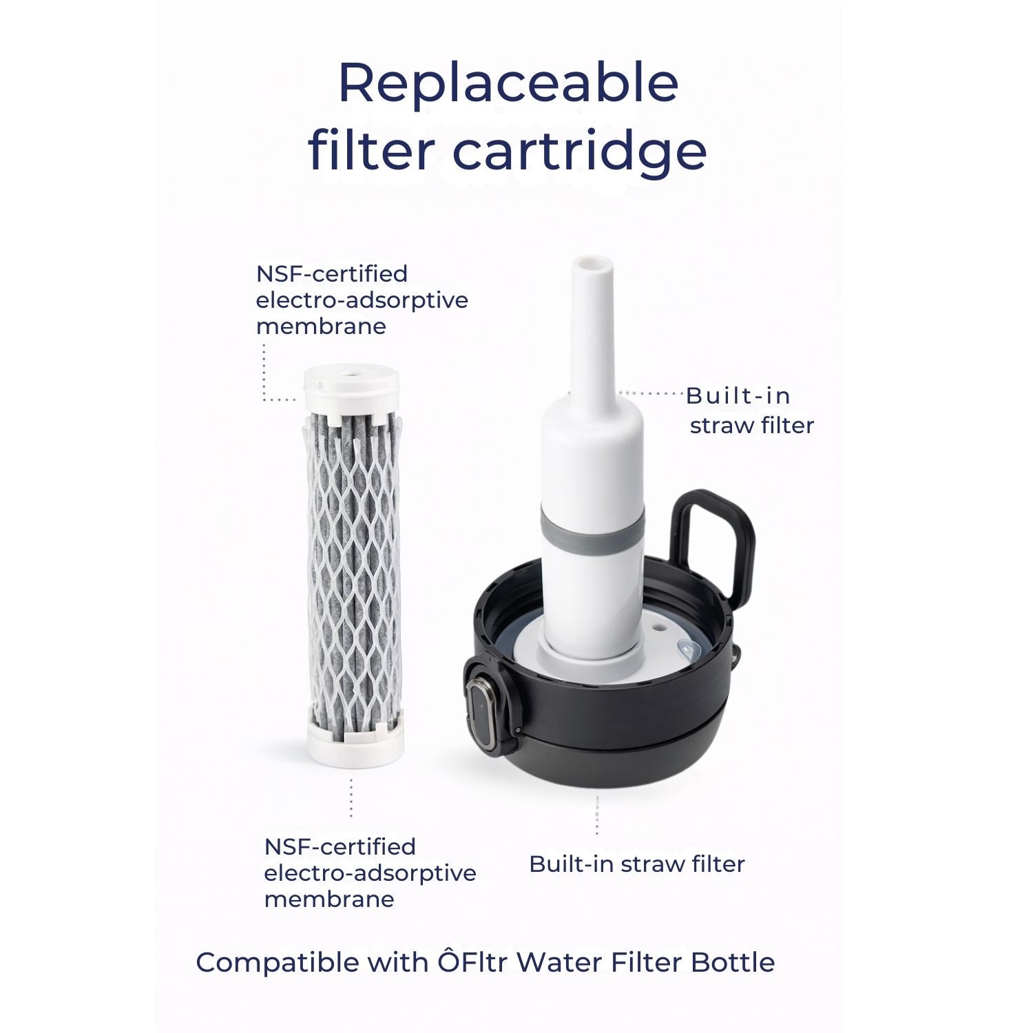 Replaceable electro-adsorptive filter cartridge and built-in straw filter inside the ÔFltr water filter bottle