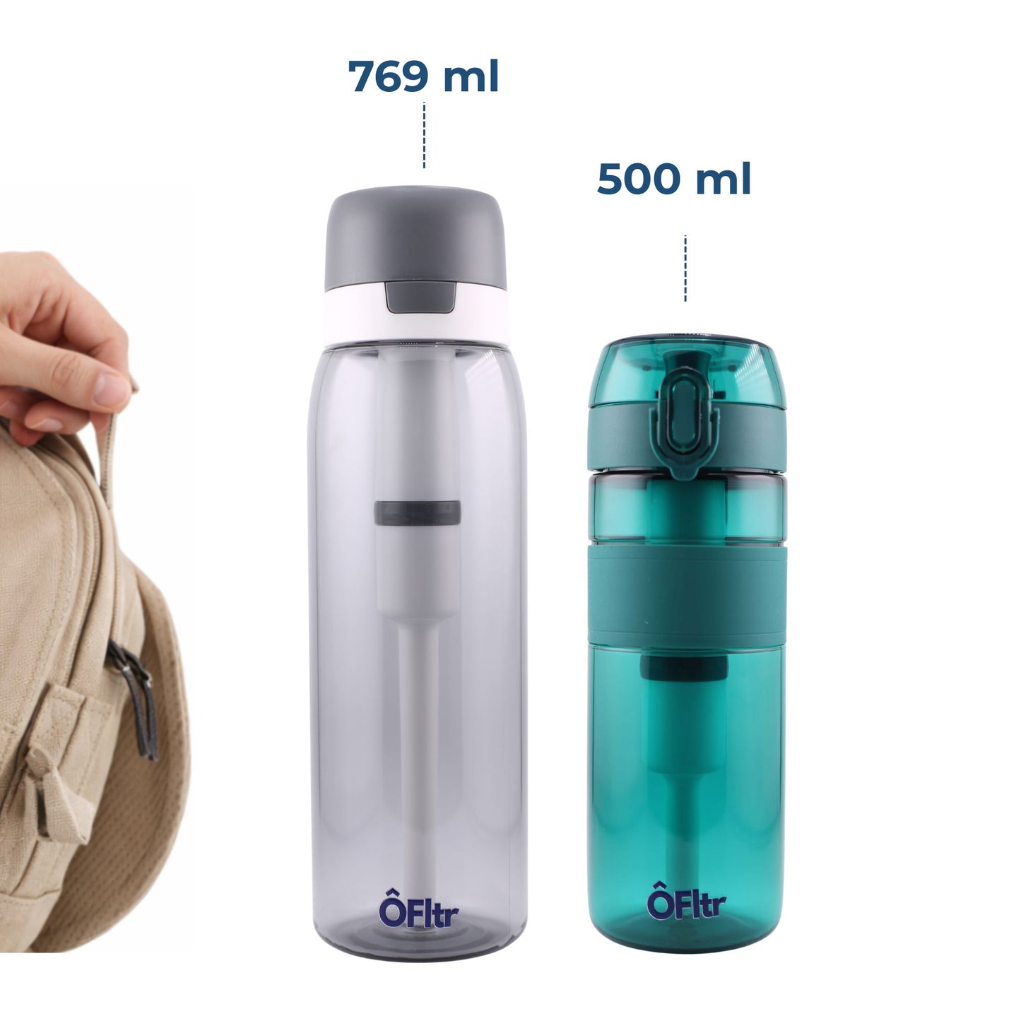 ÔFltr water filter bottle size comparison showing 500 ml and 769 ml bottles side by side