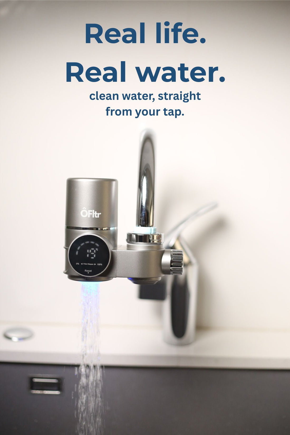ÔFltr faucet water filter in use at home by family of different ages, providing clean filtered tap water for cooking and washing without plastic bottles.