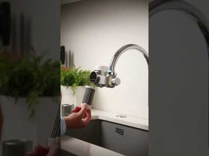 ÔFltr smart faucet filter cartridge replacement guide showing how to remove and install a new cartridge.